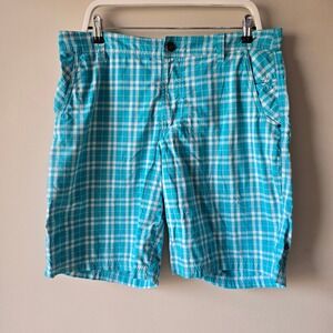 Lululemon Mens Kahuna Shorts Teal Blue White Plaid Check Size 36 Golf Casual